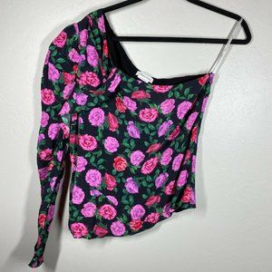 LOVERS + FRIENDS Pink/Purple Roses Print One Shoulder Puff Sleeves Blouse Top